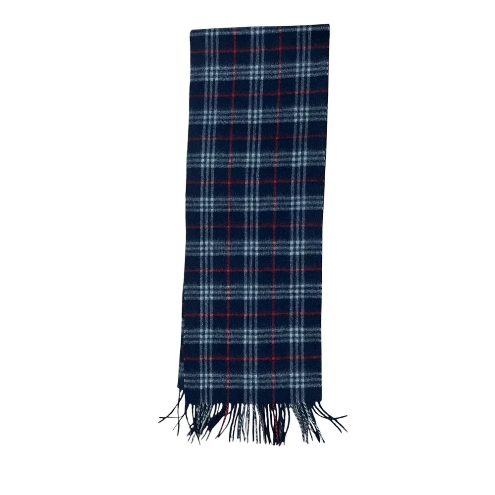 Burberry London Plaid Lambswool‎ Scarf Red Blue Grey Fringe Made in England